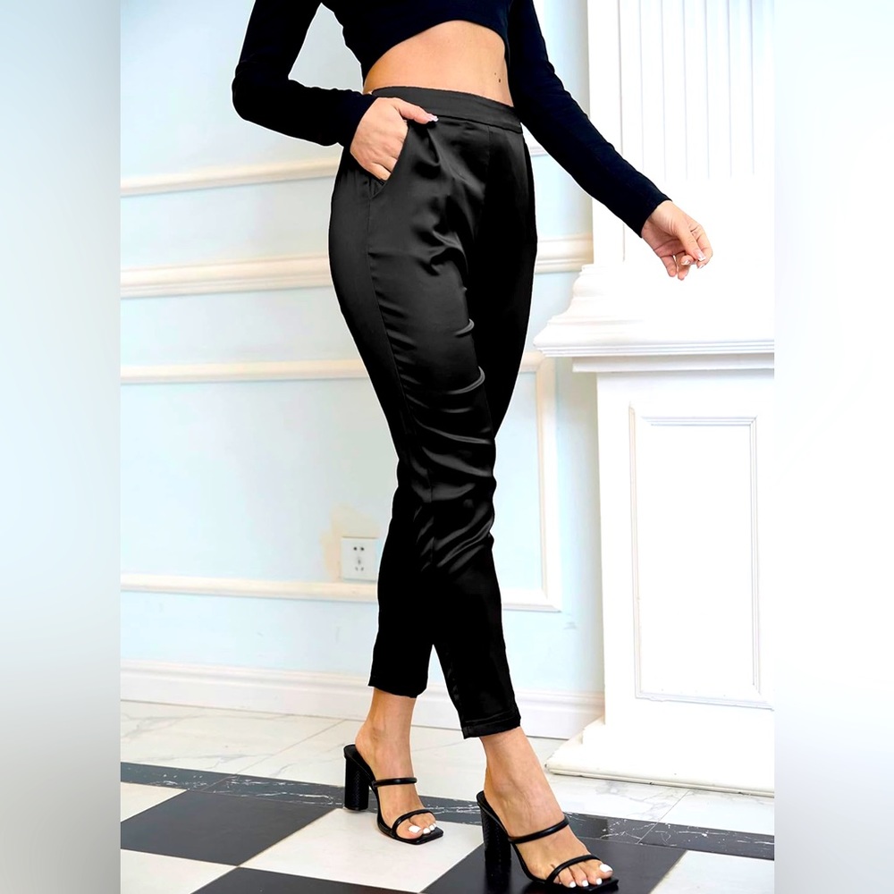 heipeiwa Women's Satin High Waist Pants, Elastic Pull On Waist with Pockets sz L